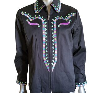 398.NWT Bob Mackie Black Western Jacket with Purple & Green Embroidery - Small